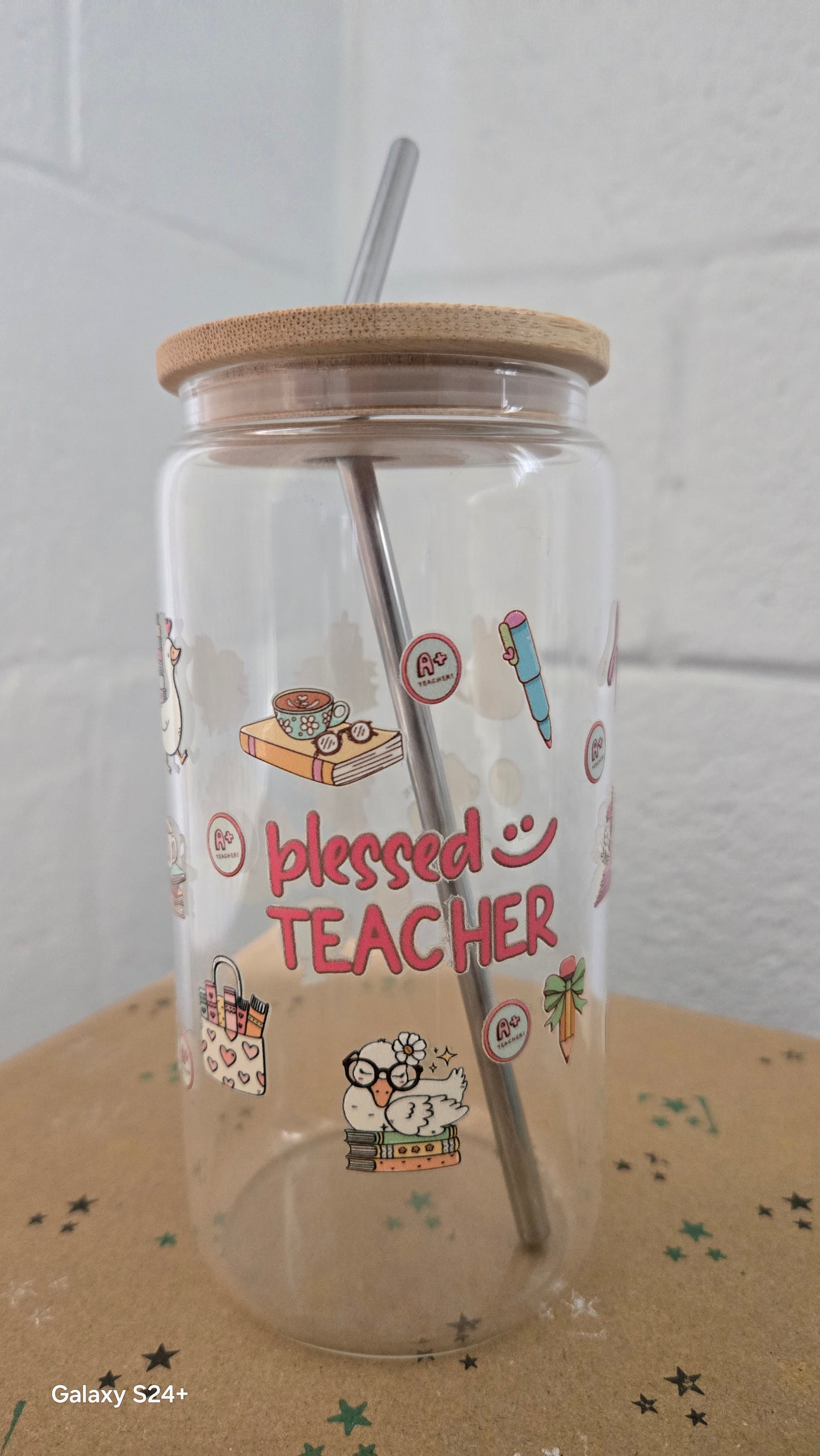 Mother’s Day & Teacher Gift Glass Can Cup | Bamboo Lid + Straw