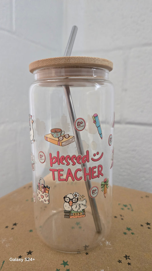 Mother’s Day & Teacher Gift Glass Can Cup | Bamboo Lid + Straw